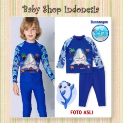 W085 Baju Renang Anak Laki laki Lengan Panjang with Arm Circle Blue Shark  large